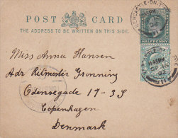 Great Britain Uprated Postal Stationery Ganzsache ½ P Edward "Thick" Card NEWCASTLE On TYNE 1902 To Denmark (2 Scans) - Stamped Stationery, Airletters & Aerogrammes
