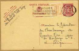 Carte Entier Postal Liège Flamme - Postcards 1934-1951