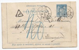 - Lettre - SEINE - PARIS - 75 - ENTIER POSTAL à 15 Cmes Sage Bleu - Taxe Allemande - 1901 - VOIR - Cartes-lettres