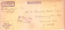 Burma 1951 Registered Airmail Cover To India - From Mandalay To Kothamangalam, Ramnad, India - Myanmar (Burma 1948-...)