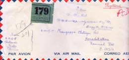 Burma 1951 Registered Airmail Cover From Thaton To Kanadukothan, India, Use Of 12v. Block Of  2as Stamp - Myanmar (Burma 1948-...)