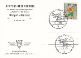 Luftpost-Gedenkkarte An 1. Luftpost Stuttgart-Konstanz 1921, Mit Sonderstempel: Stuttgart Erste Luftpost... 3.1.1971 - Airplanes