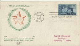 UNITED STATES 1945 - FDC TEXAS CENTENNIAL 1845/1945 ADDR TO WATERVILLE-MAINE W 1 ST OF 3 C POSTM AUSTIN-TX  DEC 29,1945 - 1941-1950