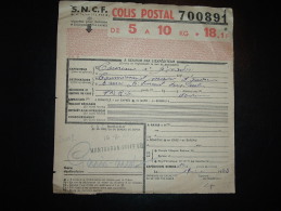 SNCF COLIS POSTAL DE 5 A 10 KG 18,1F + CACHET SNCF SUD-OUEST 19-11-43 MONTAUBAN VILLE BON - Covers & Documents