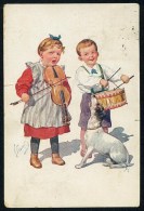 Feiertag, K. - Boy, Drums, Girl, Violin, Dog - B.K.W.I. 974-2 ------- Postcard Traveled - Feiertag, Karl