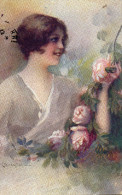 Illustrée Signée C. MONESTIER : Femme Aux Roses Roses - Monestier, C.