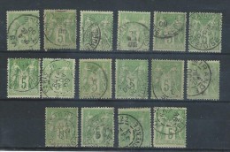 FRANCE TIMBRE N° 102 OBLITERE TYPE SAGE 5C VERT JAUNE LOT DE 16 - 1898-1900 Sage (Type III)