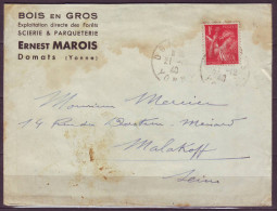 Lettre  Cachet   De  DOMATS  Yonne  Le 21 12 1940     IRIS 1f Rouge  SEUL Sur LETTRE - 1939-44 Iris