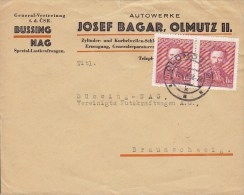 Czechoslovakia JOSEF BAGAR, OLMÜTZ II., OLOMOUC (2.) 1938 Cover Brief BRAUNSCHWEIG Germany Jindrich Fügner Stamps (Pair) - Lettres & Documents