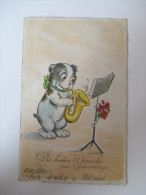 AK / Künstlerkarte 1928 "Die Besten Wünsche Zum Geburtstage" Hund Bringt Ein Ständchen / Saxophon Benutzt Die Luftpost - Birthday