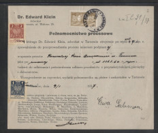 POLAND 1934 POWER OF ATTORNEY 3ZL GENERAL REVENUE (2ZL BF#93 + 1ZL#106) +50GR COURT REVENUE (BF#17) TARNOW ZABNO - Revenue Stamps
