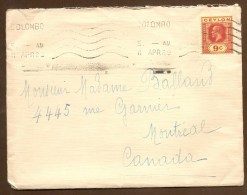 1929 - Lettre De CEYLON, Oblit. COLOMBO  Pour Le Canada - Ceylon (...-1947)