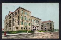 RB 979 - 1908 USA Postcard - High School - Seattle Washington - World Fair Slogan Postmark - 2c Rate To UK - Seattle