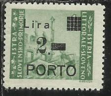 ISTRIA E LITORALE SLOVENO 1946 SEGNATASSE SOPRASTAMPATO TAXES OVERPRINTED TASSE PORTO L. 2 SU 1 MNH - Occup. Iugoslava: Litorale Sloveno