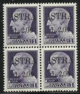 OCCUPAZIONE JUGOSLAVIA YUGOSLAVIA  ISTRIA ISTRA 1945 LIRE 2 SU 1 QUARTINA BLOCK MNH - Jugoslawische Bes.: Fiume