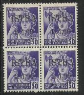 OCCUPAZIONE JUGOSLAVIA YUGOSLAVIA  ISTRIA ISTRA 1945 LIRE 1 SU 0,50 CENT. QUARTINA BLOCK MNH - Occup. Iugoslava: Fiume