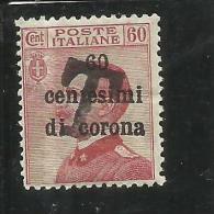 TRENTINO ALTO ADIGE 1918 1919 BOLZANO 1  SOPRASTAMPA T NERA 60 C SU 60 CENT. D´ITALIA ITALY OVERPRINTED BLACK MNH - Trentin