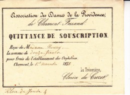 CLERMONT FERRAND -QUITANCE DE SOUSCRIPTION - 1855- ASSOCIATION DES DAMES DE LA PROVIDENCE - Matasellos Generales