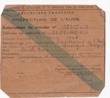 VIGNETTE AUTOMOBILE  AUDE  1946 - Andere & Zonder Classificatie