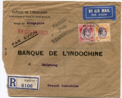 LETTRE RECOMMANDEE PAR AVION DE LA BANQUE DE L'INDOCHINE AGENCE DE SINGAPORE POUR L'AGENCE D' HAIPHONG - Singapore (...-1959)