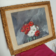 Peinture Signée De L DE VERTURY, Bouquet De Fleurs Rouges Et Blanches Fond Gris - Other & Unclassified