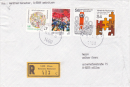 REGISTED COVER, LABELLS WIEN, 3 X STAMPS, NICE FRANCKING UNITED NATIONS, 1992, AUSTRIA - Altri & Non Classificati