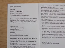 Doodsprentje Irma Moenaert Eggewaartskapelle 29/5/1908 Veurne 1/6/1999 ( D.v. Cyriel En Zoë Feryn) - Godsdienst & Esoterisme
