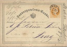 CZECHOSLOVAKIA  1872 - PRESTAMPED POSTAL CARD OF 2 KR POSTM TELSCHEN DEC 19,1872 ADDR TO PRAG REJAL038 - ...-1918 Prefilatelia