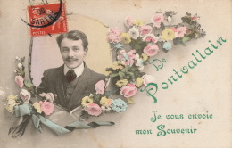 PONTVALLAIN - Jolie Carte Fantaisie Homme Et Fleurs " De Pontvallain , Je Vous Envoie Mon Souvenir " - Pontvallain