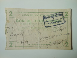 Aisne 02 Anizy-le-Chateau , 1ère Guerre Mondiale 2 Francs 26-7-1915 R - Bons & Nécessité