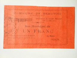 Aisne 02 Beauvois , 1ère Guerre Mondiale 1 Franc 14-6-1915 - Bons & Nécessité