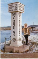 Fairbanks Alaska, Alaska Highway Mileage Marker, Beautiful Woman Fur Coat, C1950s/60s Vintage Postcard - Fairbanks