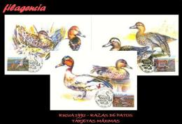 EUROPA. RUSIA. ENTEROS POSTALES. TARJETAS MÁXIMAS 1992. FAUNA. AVES. RAZAS DE PATOS SALVAJES - Tarjetas Máxima