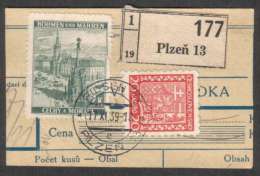 BuM1394 - Böhmen Und Mähren (1939) Pilsen 13 - Plzen 13 (Postal Parcel Dispach) (stamp: 20h Czechosl. + 2K Protect.) - Briefe U. Dokumente