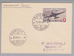 Schweiz Flugpost 1944-09-20 Lausanne 2 - Zürich Mit Fr. 1.50 Marke ET-O - Autres & Non Classés