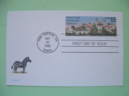 USA 1988 - FDC Stationery Stamped Postal Card - 15c - Hearst Castle San Simeon - Zebra - 1981-00