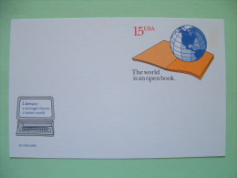 USA 1990 - Stationery Stamped Postal Card - Unused - 15c - The World Is An Open Book - Literacy - Earth Globe - Computer - 1981-00