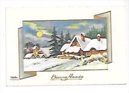 Mignonnette. Bonne Année.Village Et Eglise Sous La Neige. Dorée . 7/10,5cm. Photochrom - Comunioni