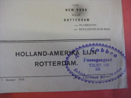 Holland Amerika Lijn - Nederlands Amerikaanse Stoomvaart Maatschappij - N.A.S.M. - New York  1934 Tarief Toeristenklasse - Netherlands