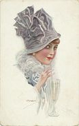 AK Frau Dame Mode Hut Sektglas Usabal 1918 Farblitho Feldpost K&k #113 - Usabal