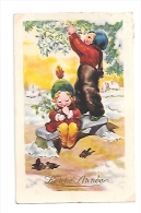 Bonne Année.Couple D'enfants Sur Un Banc Dans La Neige, Moineaux, Houx Et Gui. 1946 - Communion