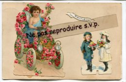 - Amitié - Beaux Enfants, Ange, Automobile, Splendide, Sujets Plastifiés Collés, Fleurs, écrite En 1907, TBE, Scans. - Sonstige & Ohne Zuordnung