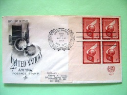 United Nations - New York 1957 FDC Cover To Dundalk - Air Mail Scott C5 - Building With Gray Sky - Block Of 4 With Date - Storia Postale