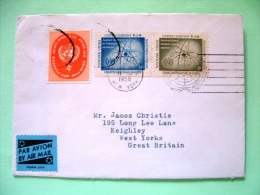 United Nations - New York 1958 Cover To England - Emblem - Atom - Atomic Energy - Tuberculosis Christmas Labels On Back - Briefe U. Dokumente