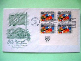 United Nations - New York 1961 FDC Cover - Unite Our Strength - Flags - Block Of 4 With Date - Brieven En Documenten