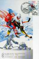 Carte 1° Jour, Timbre,obliteration,Jeux Olympiques Hiver Hockey Sur Glace,Albertville, Liechtenstein - Olympic Games