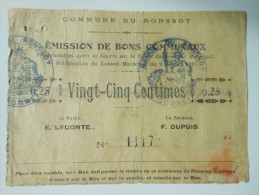 Somme 80 Ronssoy , 1ère Guerre Mondiale 25 Centimes 9-2-1915 R1 - Bons & Nécessité