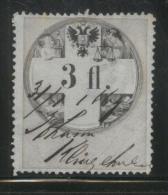 AUSTRIA 1866 REVENUE 3FL SULPHUR YELLOW PAPER NO WMK PERF 12.00 X 12,00 BAREFOOT 148A (B) - Revenue Stamps
