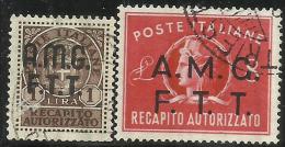 TRIESTE A 1947 AMG - FTT ITALIA ITALY OVERPRINTED RECAPITO AUTORIZZATO LIRE 1 + 8 SERIE COMPLETA USATO USED OBLITERE' - Revenue Stamps