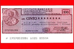 MINIASSEGNI - ISTITUTO BANCARIO SAN PAOLO DI TORINO - L. 100 - Nuovo - FdS - [10] Checks And Mini-checks